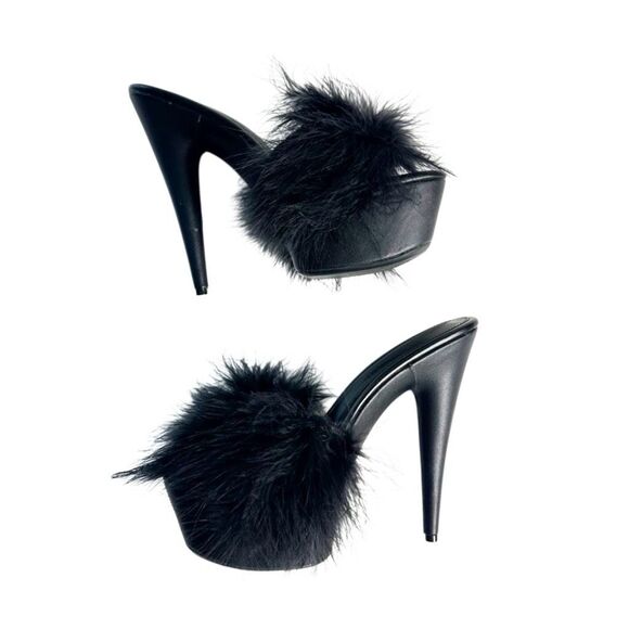 CURRENT MOOD Black Maribou Feather Platform Slide Heels 38 Sinful Money Hunny - Picture 2 of 11